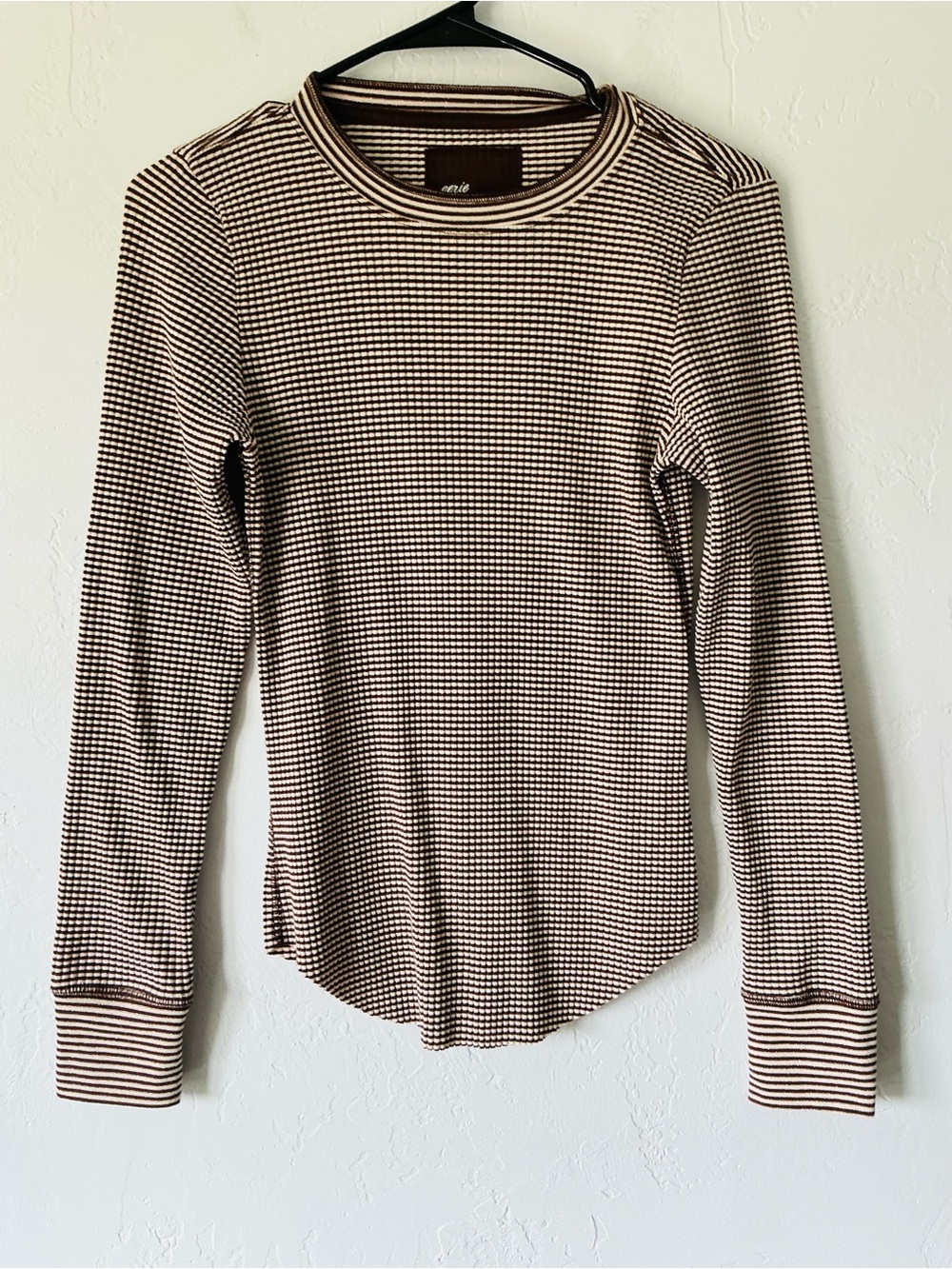 NWT aerie Brown and Cream Striped Waffle Knit Long Sleeve Crewneck